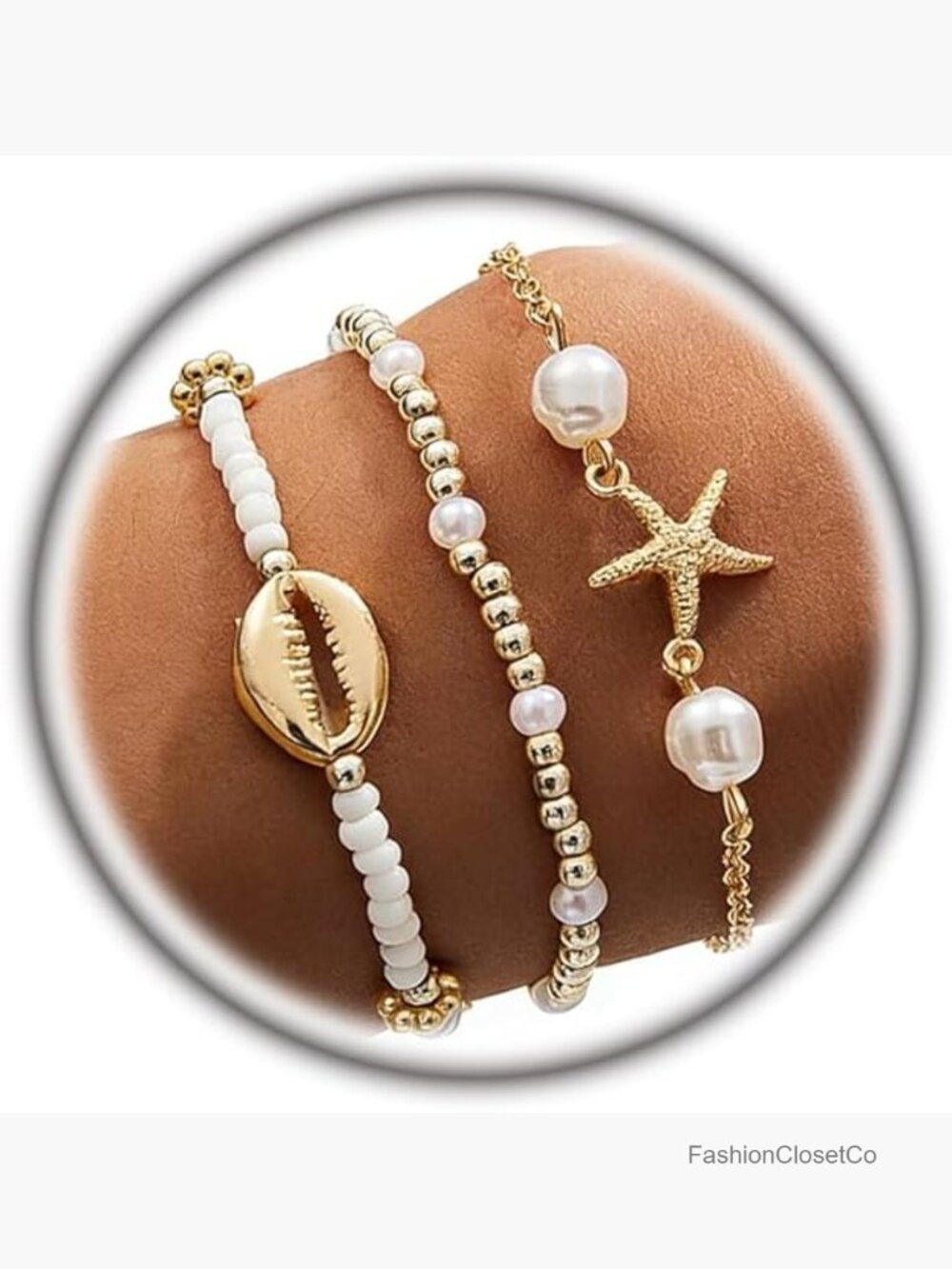 Gold Seashell Starfish Bracelet Set Layered Beaded Stretch Bracelets Boho Charm